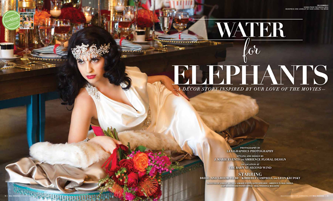 As seen in the "Water for Elephants" styled shoot in the Summer/Fall 2015 issue Real Weddings Magazine, www.realweddingsmag.com