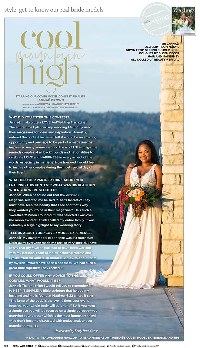 Andrew & Melanie Photography Cool Mountain High Cover Model Photo Shoot in Real Weddings Magazine Sacramento