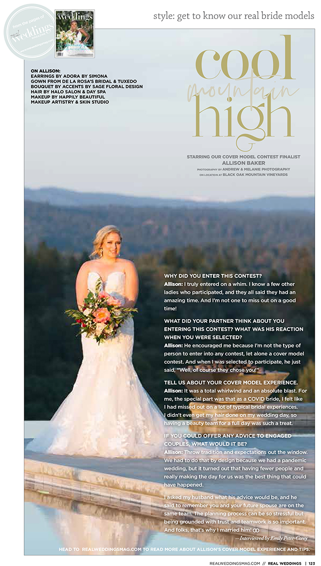 Andrew & Melanie Photography Cool Mountain High Cover Model Photo Shoot in Real Weddings Magazine Sacramento