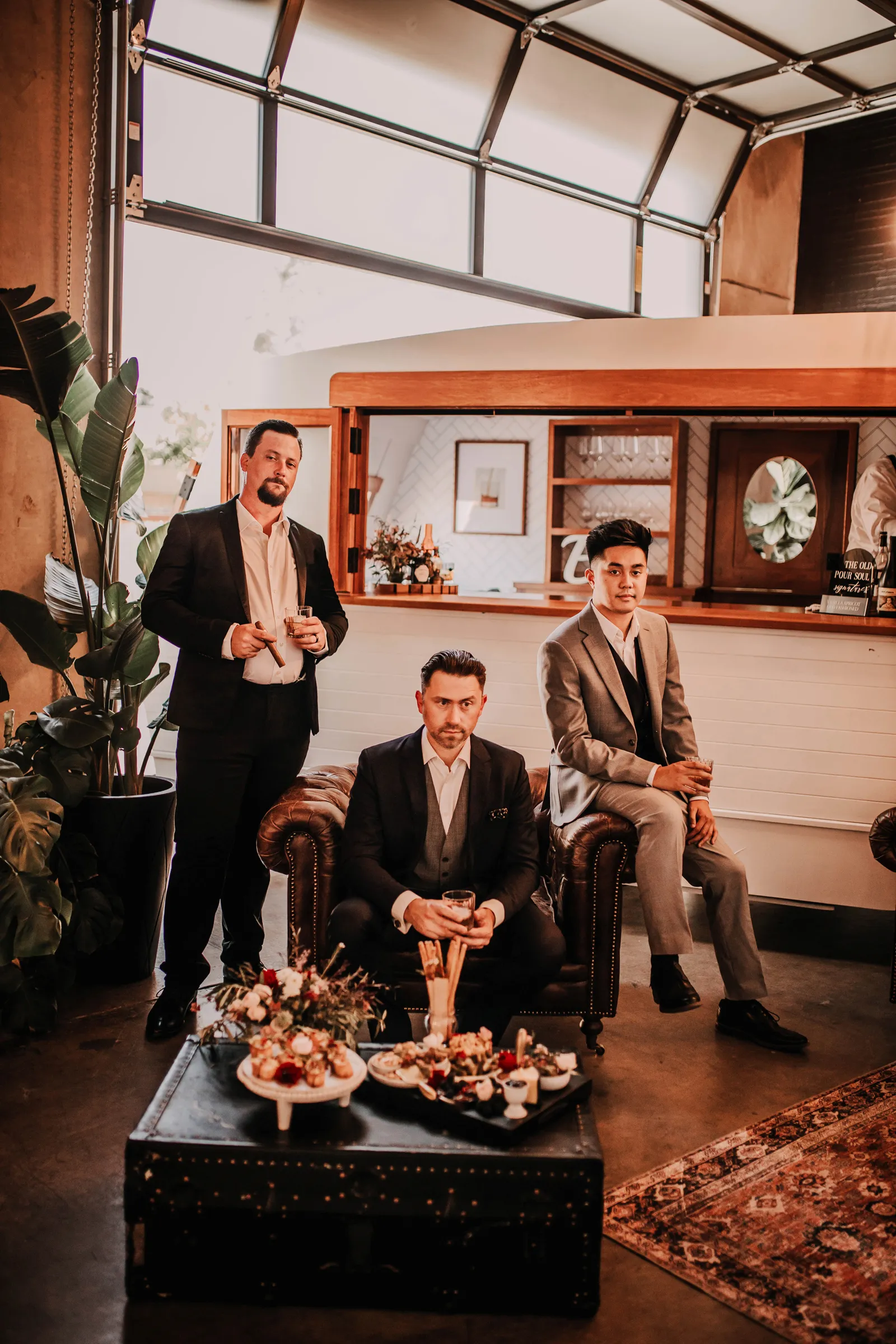 Groom and groomsmen posing for wedding shoot