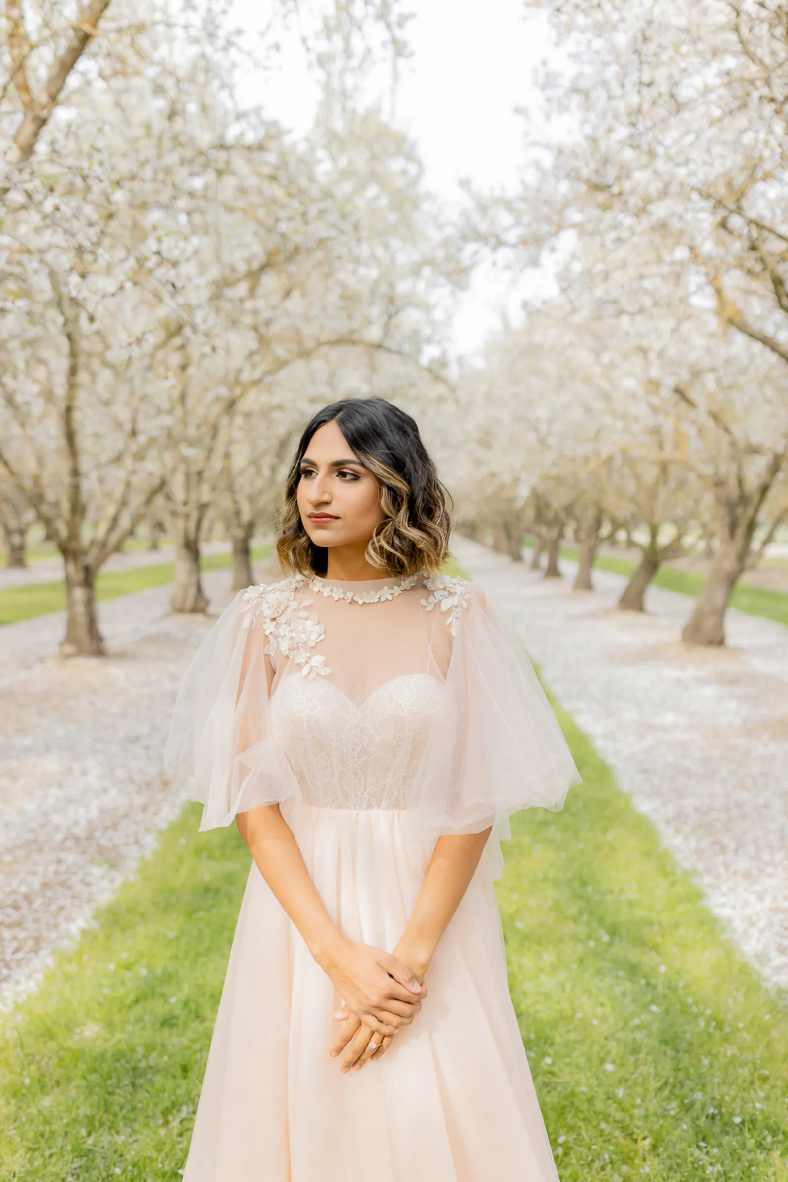 Bride in a blush wedding dress posing in the almond orchard.