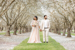 Bride and groom holding hands in the middle of an almond orchard.
