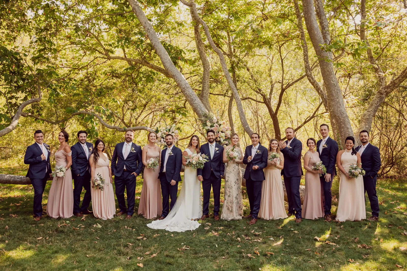 Wedding party photo with groomsmen in between the bridesmaids.