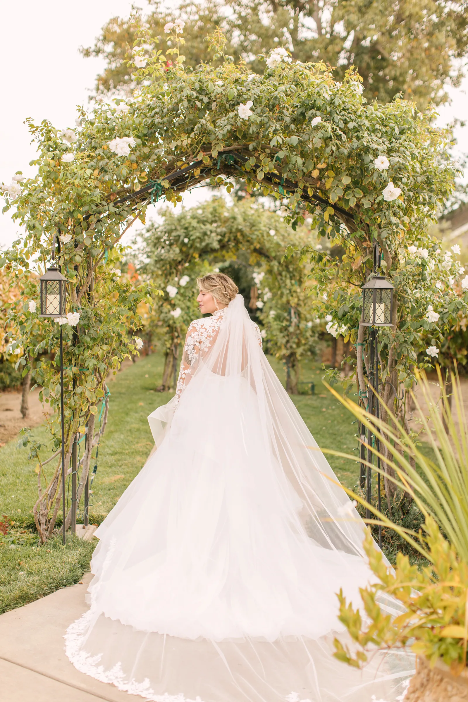 Bride in a long sleeve gown, and a long veil looking behind her at the camera