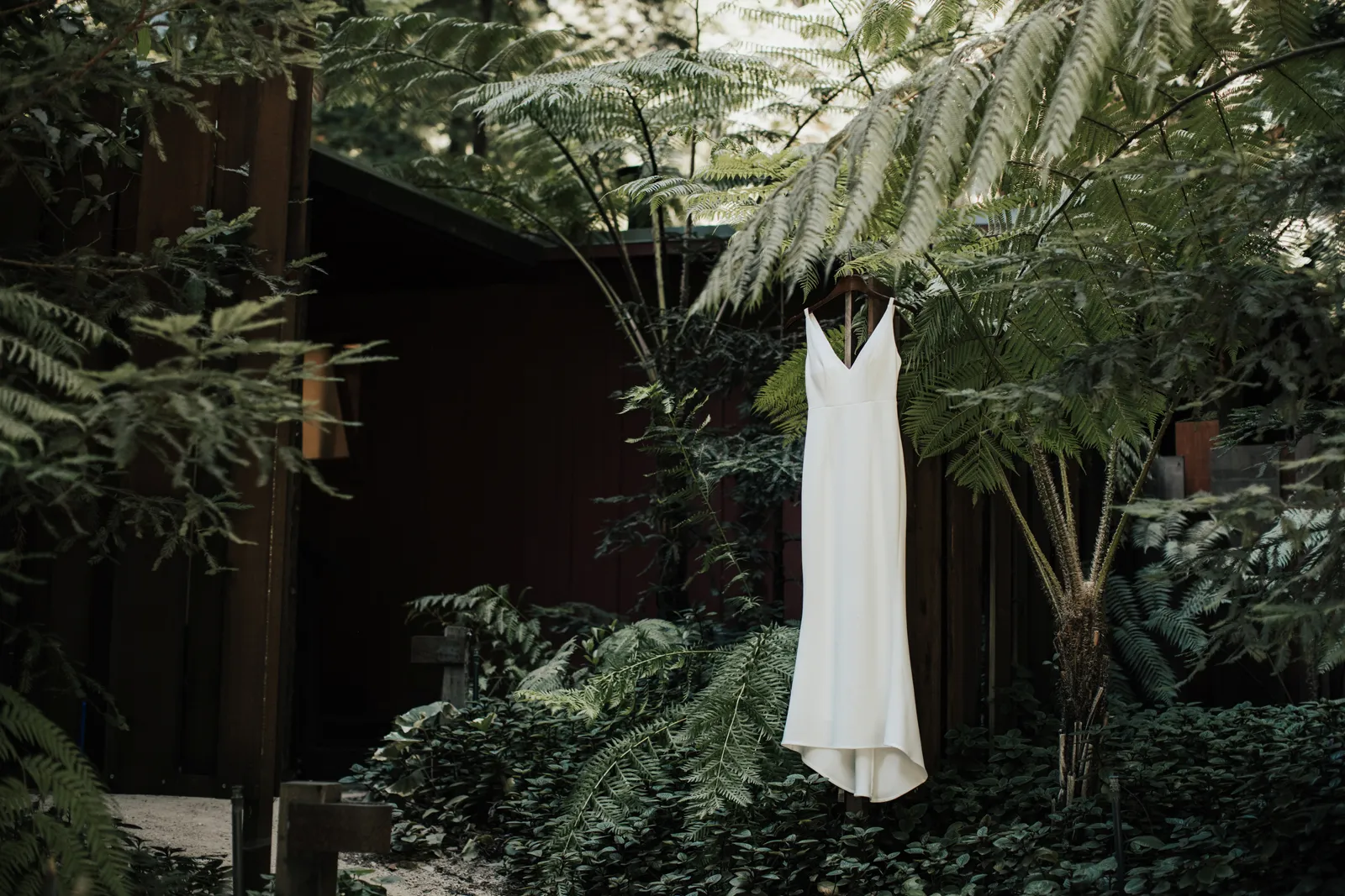 Wedding dress hanging in the woods.