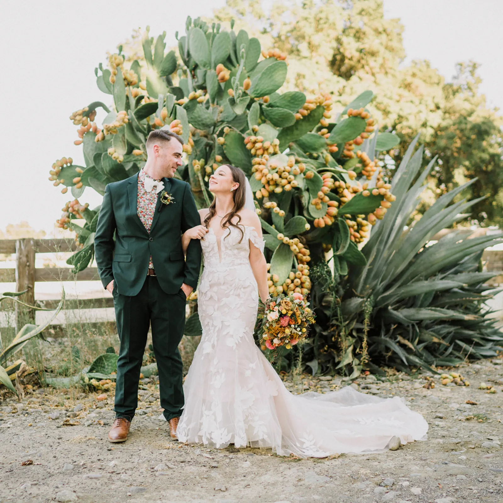 Bride and groom smiling at each other in front of a large fruit tree.