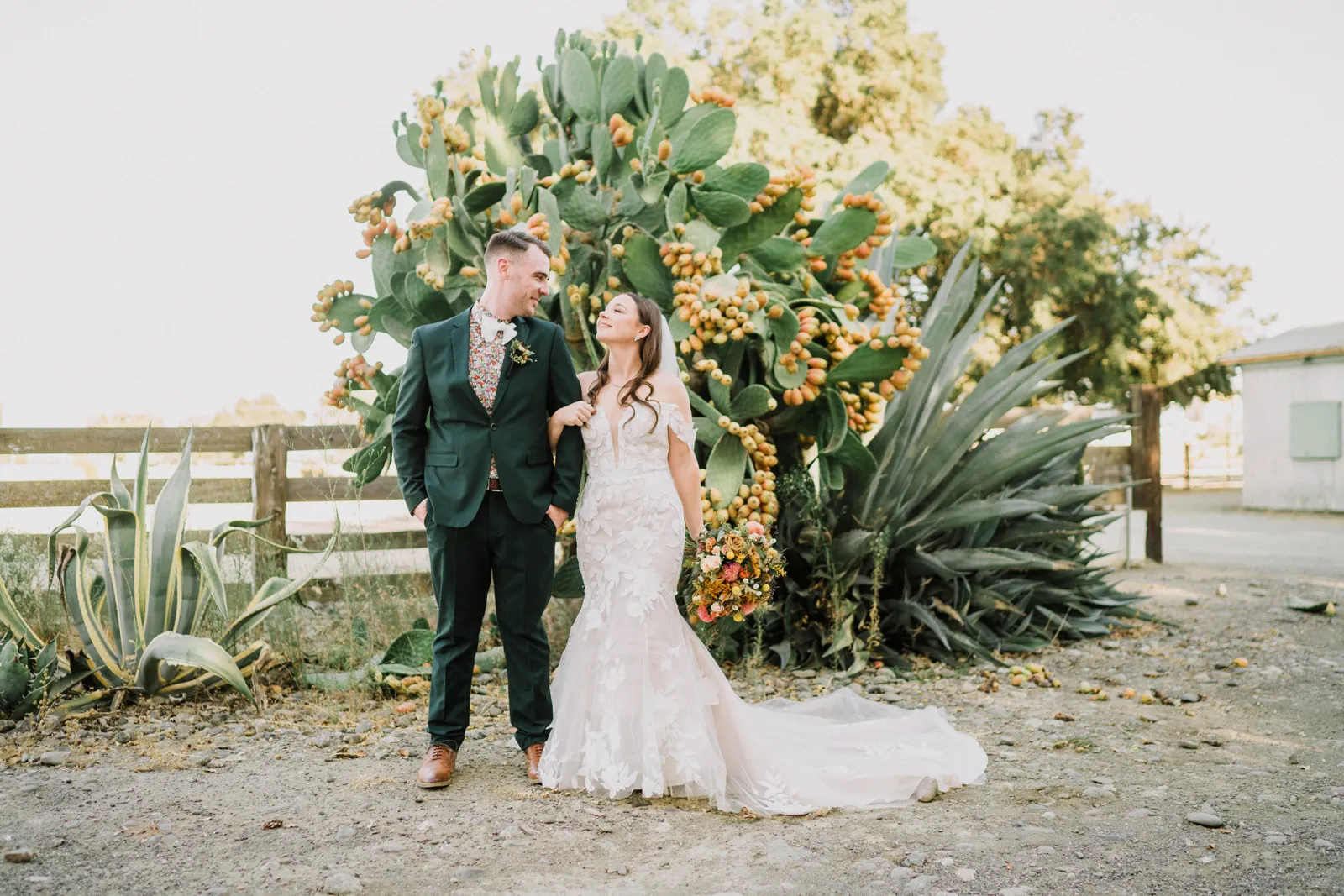 Bride and groom holding hands near a large plant with fruit growing on it.