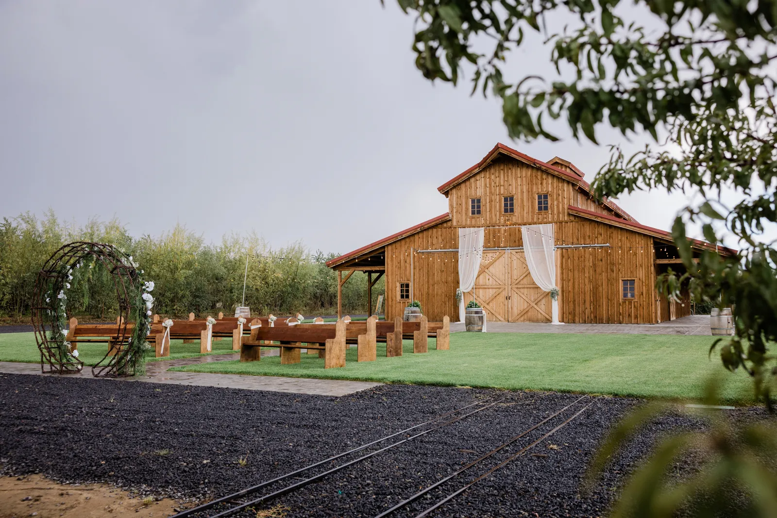 Photo of Richard's Ranch with the altar and ceremony pews set up.