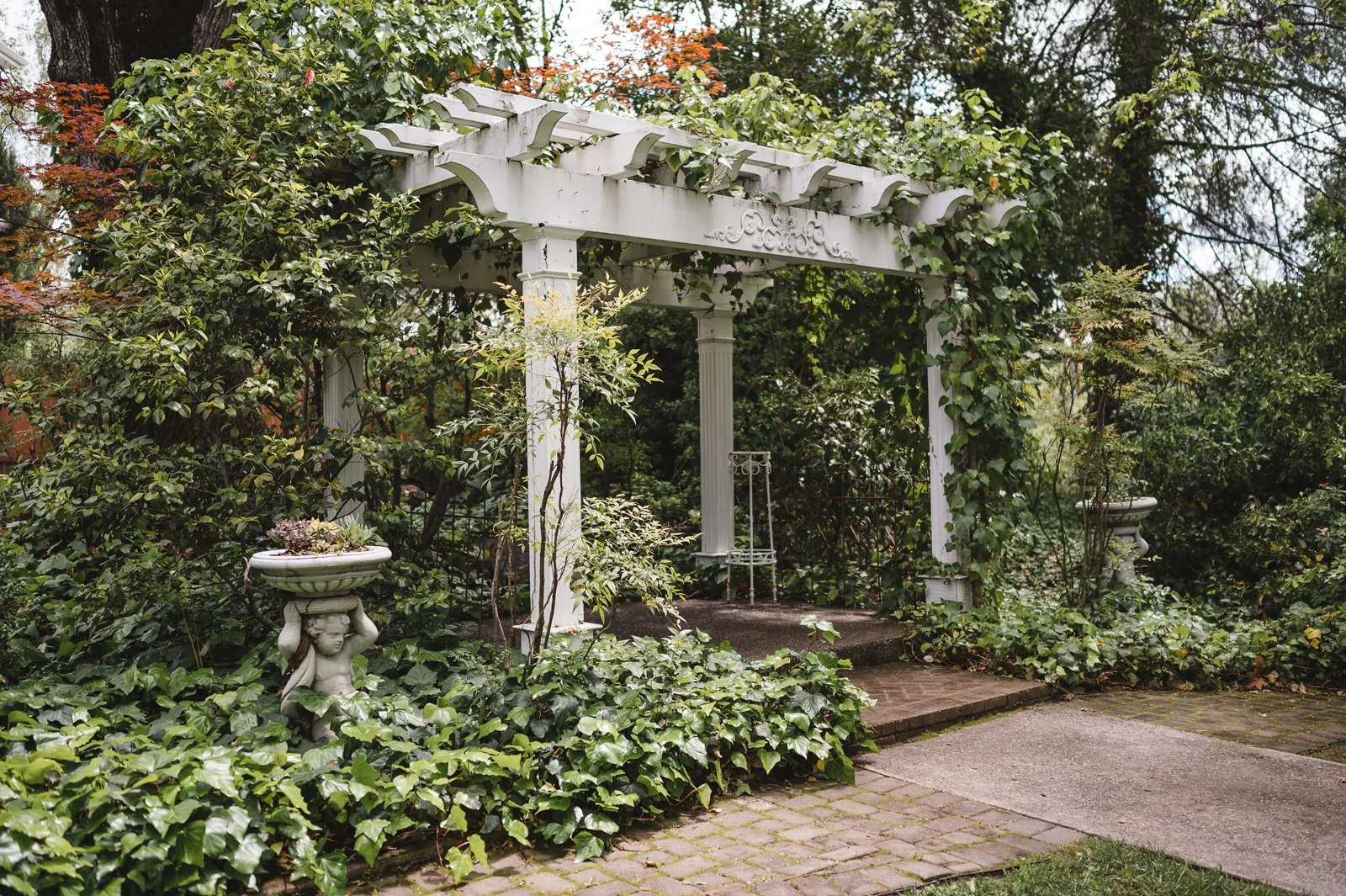 Photo the the arch in the gardens where the bride and groom will be married.