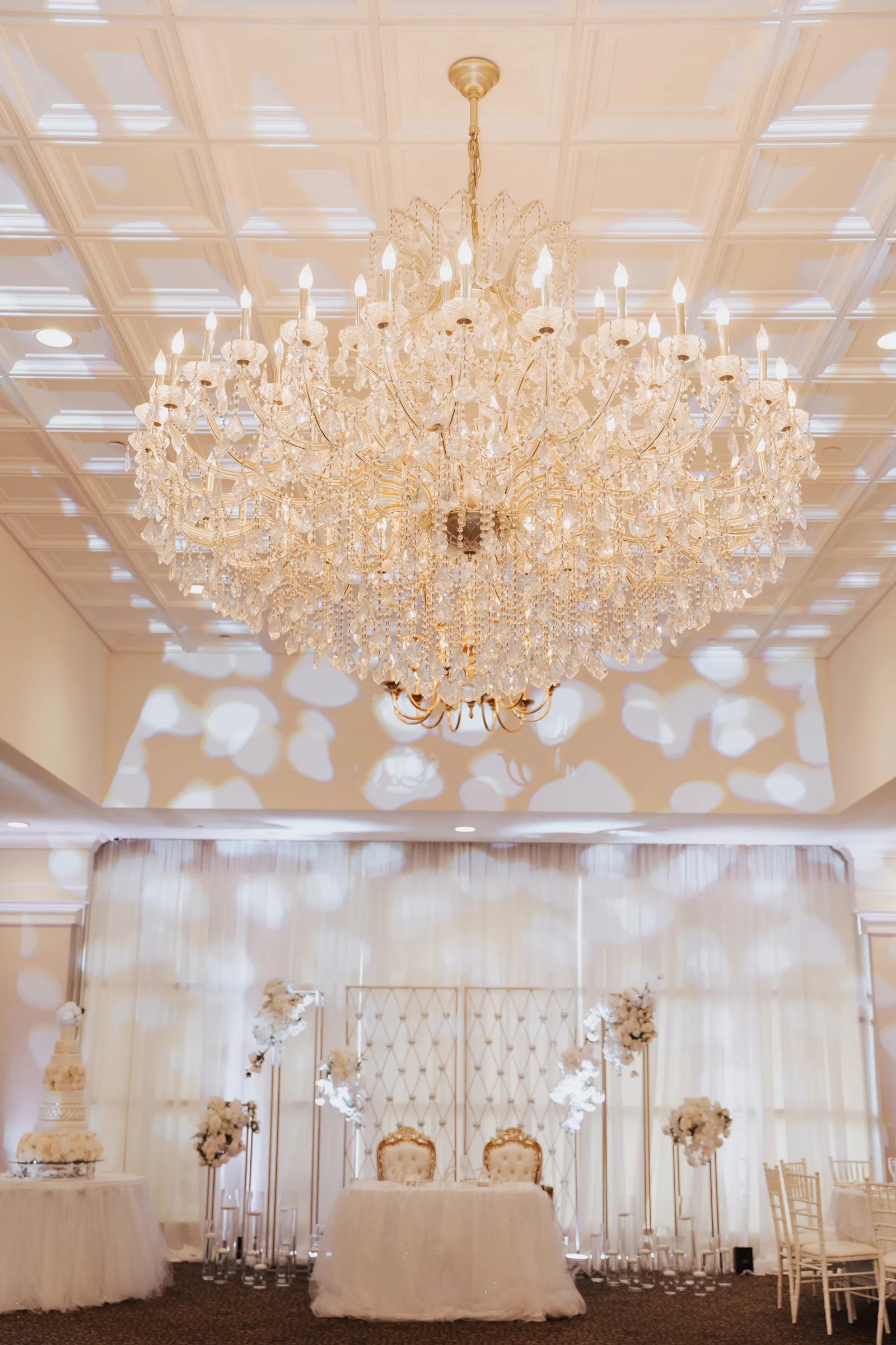 Large chandelier hanging at the Arden Hills reception venue.