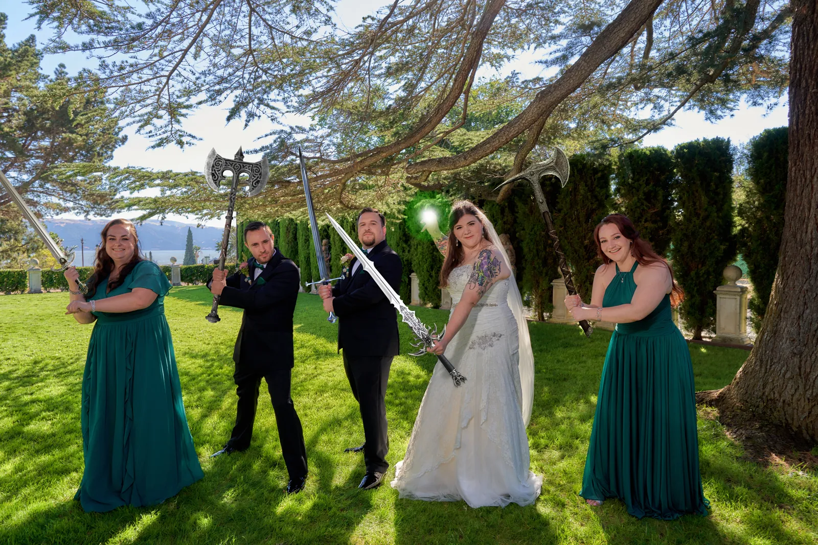 Bride and groom taking a movies-inspired photo with JB Wedding Photography.