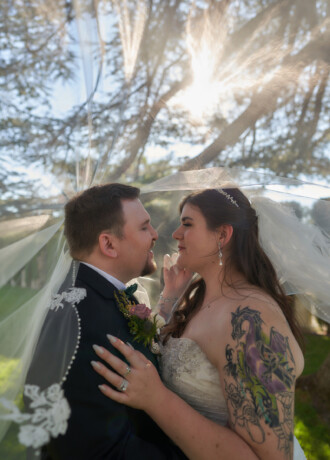 Bride and groom taking photos with JB Wedding Photography, underneath the bride's veil.