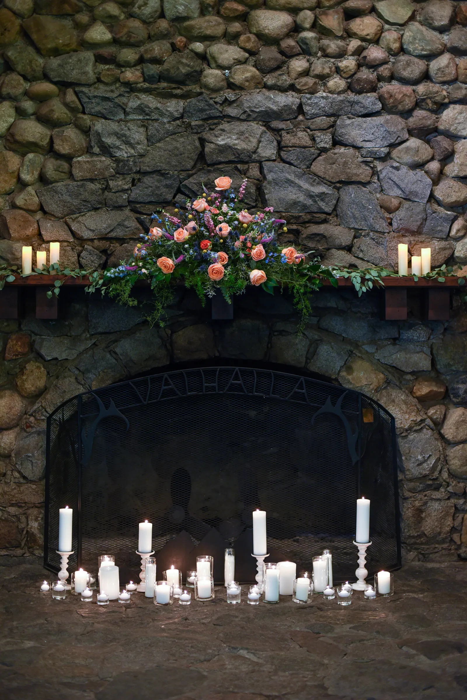 Photo of a large empty fireplace for the wedding ceremony at Valhalla Lake Tahoe.