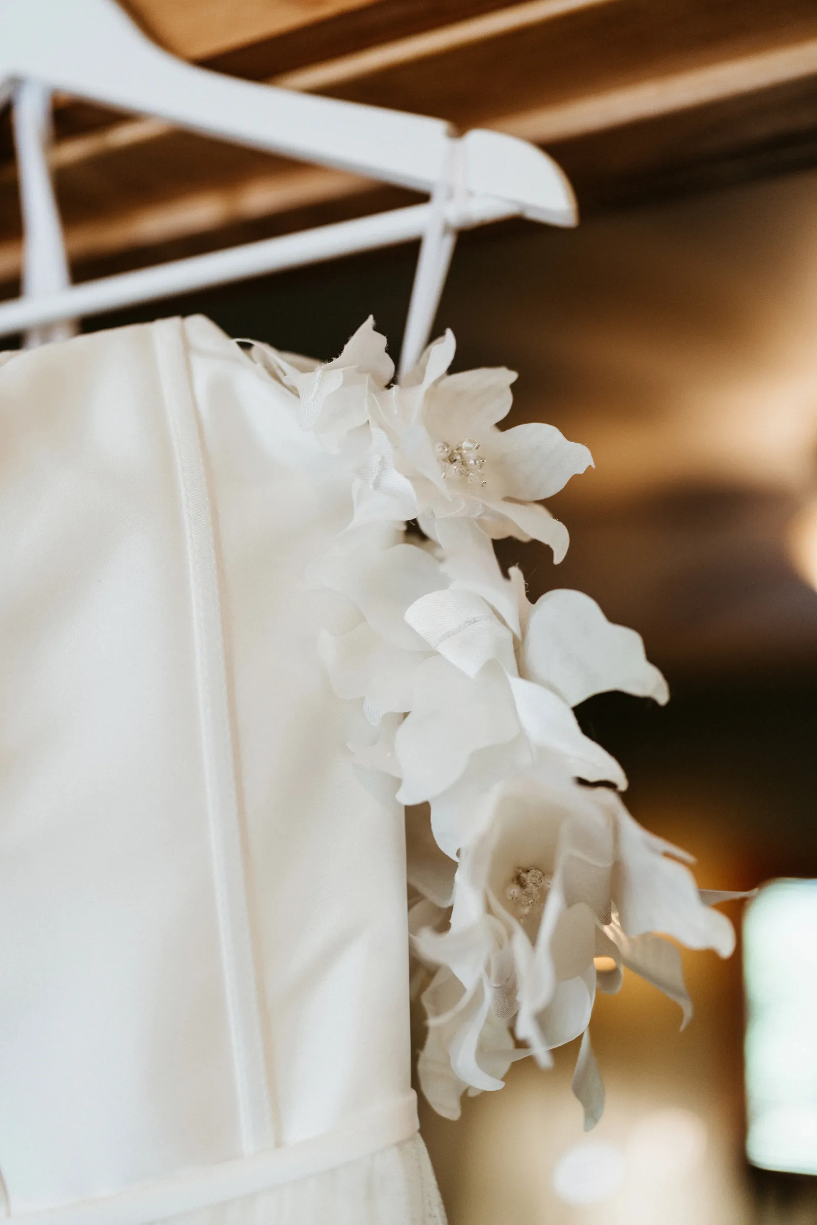 Wedding dress hanging up at a styled shoot at Rubidoux Ridge Vineyard.