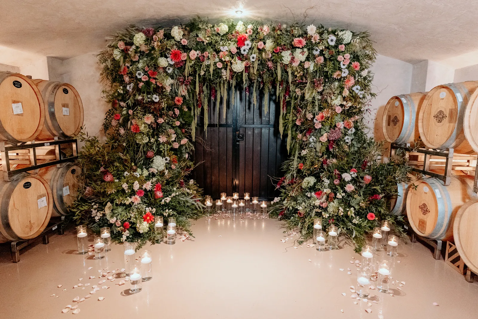 Floral wall at a Twin Rocks Estate Winery submitted styled shoot.