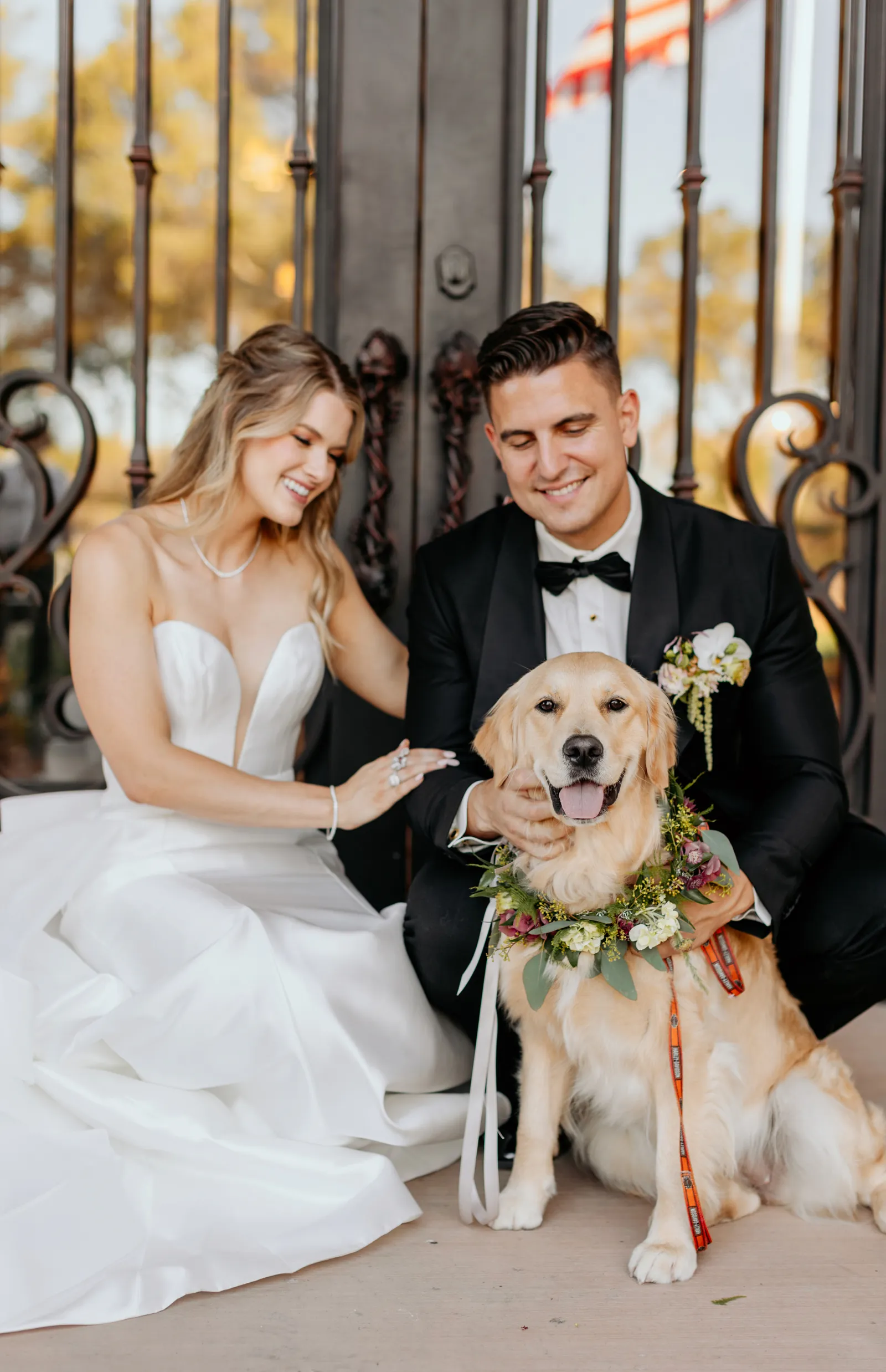 Bride and groom posing with their dog at Twin Rocks Estate Winery submitted styled shoot.