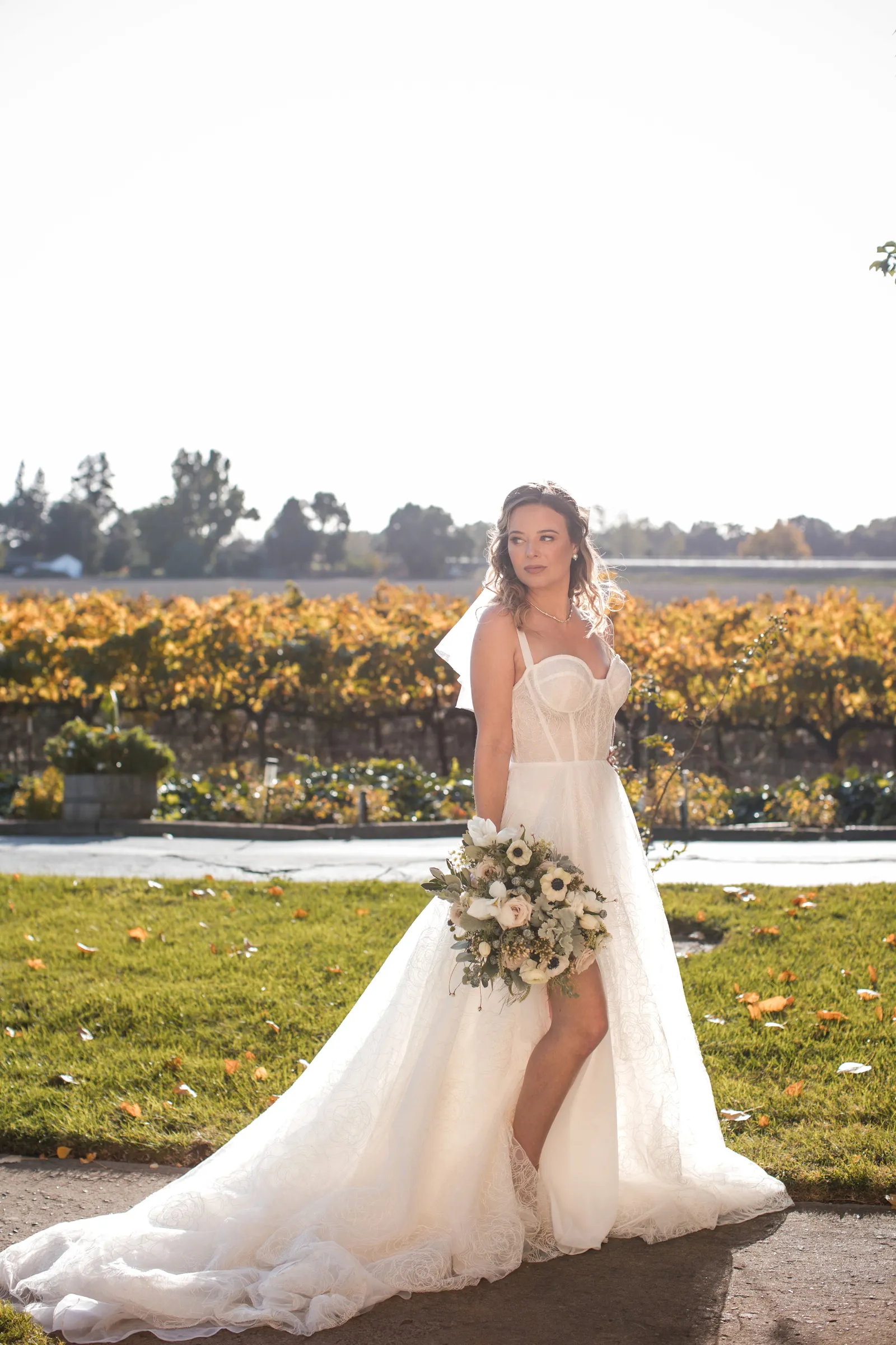 Bride posing at the submitted styled shoot at Scribner Bend Vineyards wedding venue.