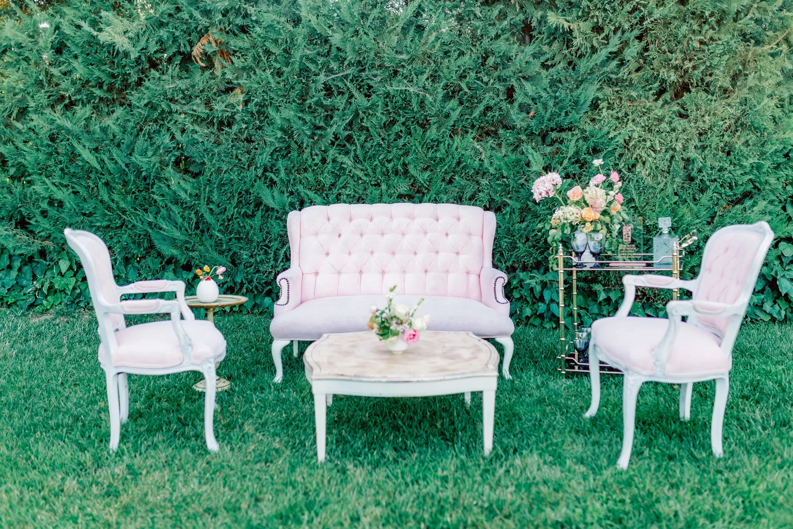 Outdoor couch set up at a whimsical spring wedding inspiration styled shoot at Park Winters.